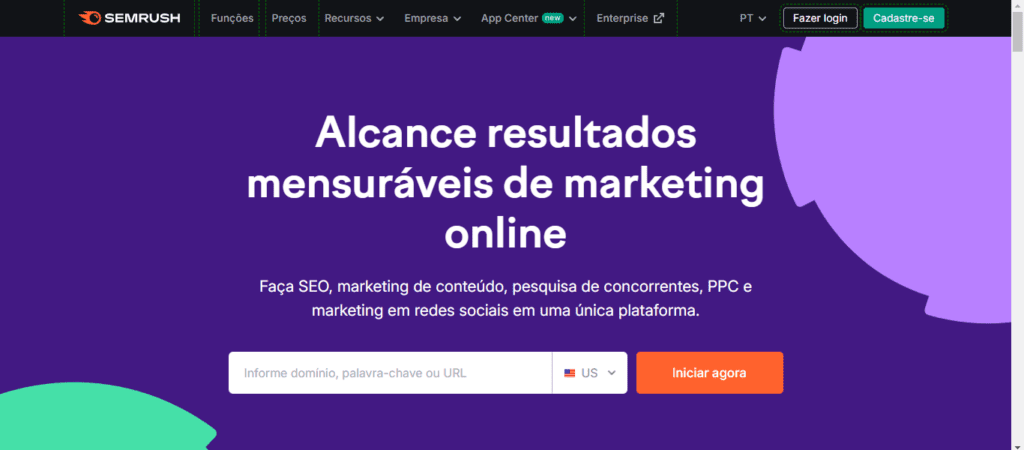 Print da homepage da Ferramenta Semrush.