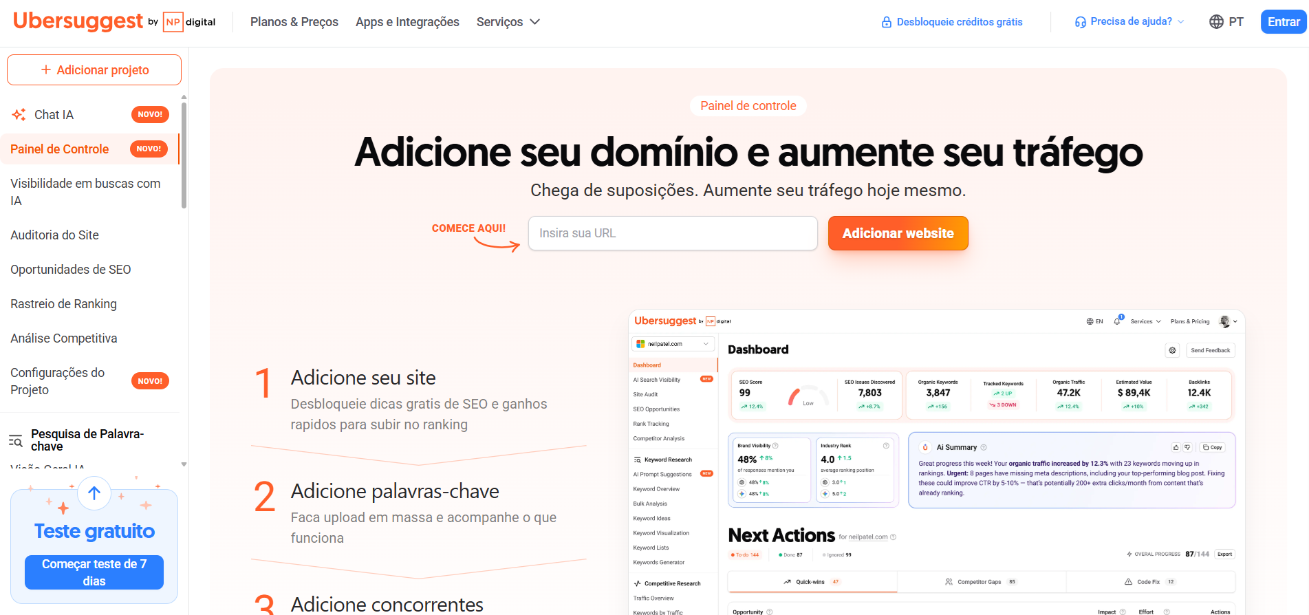 Print do dashboard inicial do Ubersuggest