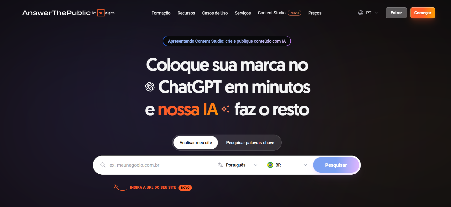 Print da tela da página inicial da ferramenta AnswerThePublic