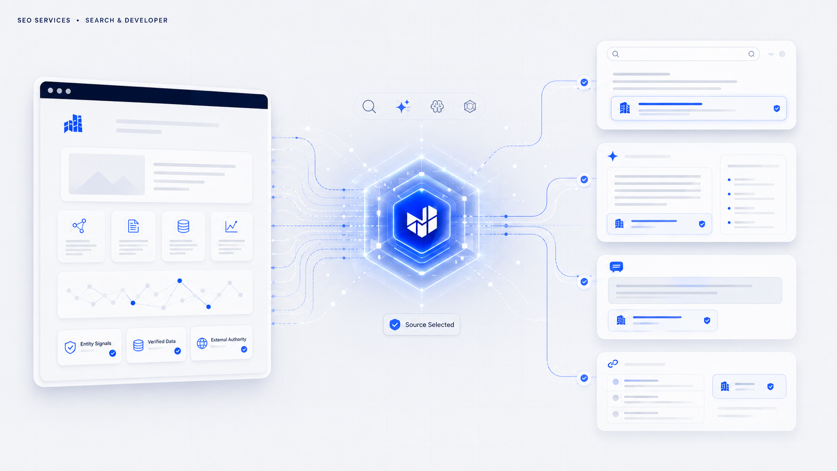 SEO para empresas como fonte reconhecida pelas IAs Ilustração de SEO para empresas mostrando um site corporativo com conteúdo estruturado, entidade de marca, dados verificáveis, páginas relacionadas e autoridade externa sendo processado por mecanismos de busca e modelos generativos para aparecer em resultados orgânicos, AI Overviews, respostas generativas e assistentes de IA com indicação de citação da fonte.
