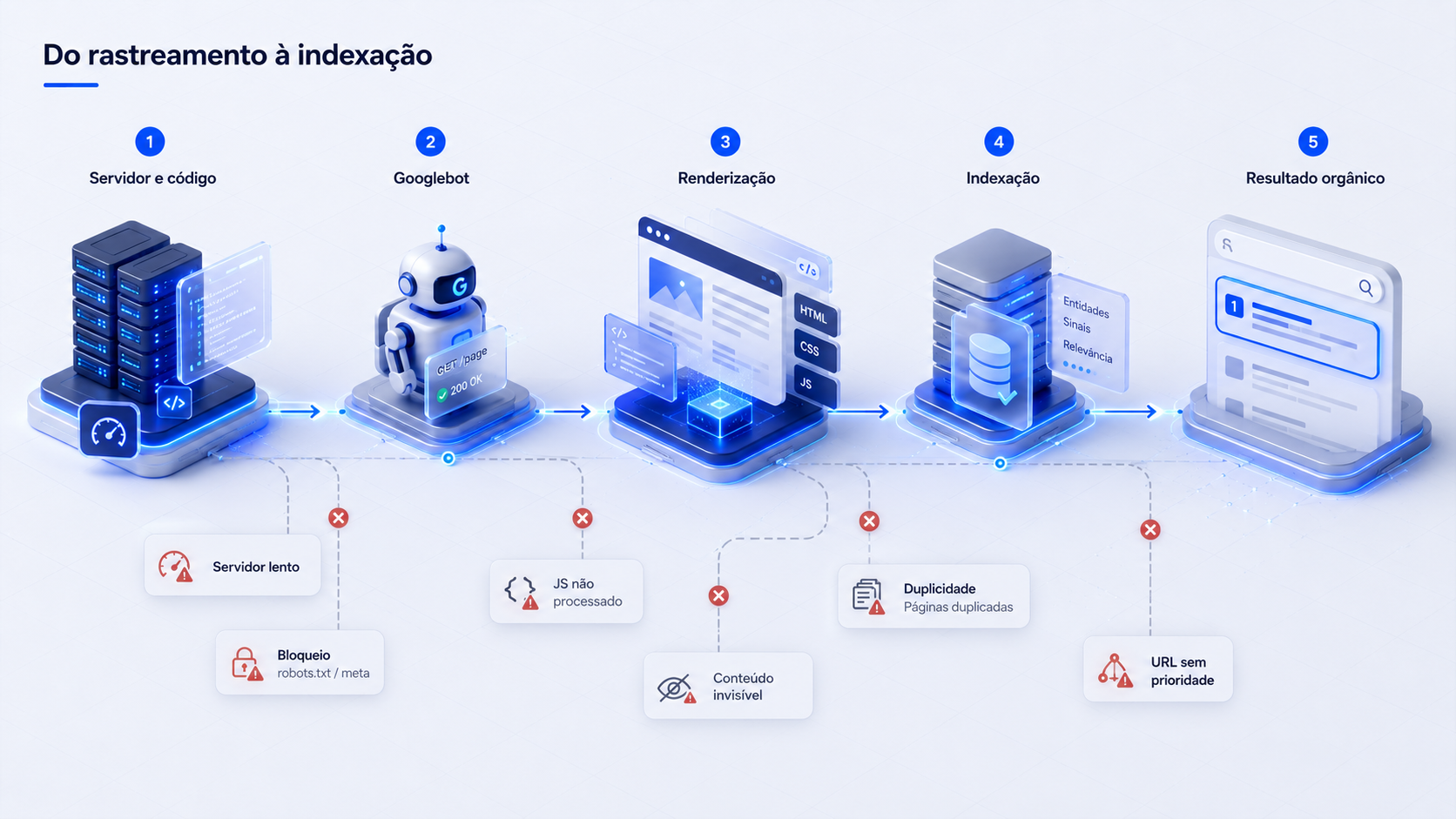 SEO para empresas no fluxo técnico de indexação Diagrama de SEO para empresas mostrando o fluxo técnico entre servidor e código, Googlebot, renderização, indexação e resultado orgânico, com gargalos como servidor lento, bloqueios de rastreamento, JavaScript não processado, conteúdo invisível, páginas duplicadas e URLs sem prioridade.