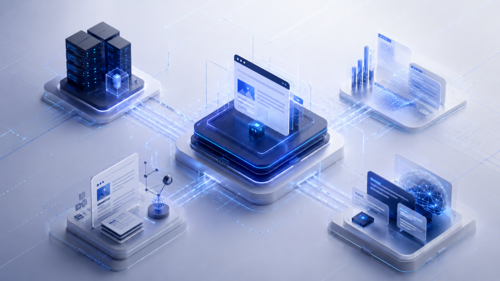 SEO para empresas representado por uma plataforma digital central conectada a servidores, conteúdo, autoridade, resultados de busca e sistemas de inteligência artificial.
